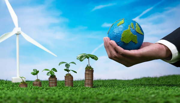 Eco business invest on environment conservation subsidize, coin stack with grow seedling, hand holding paper Earth and wind turbine. Sustainable financial growth with clean and renewable energy. Alter