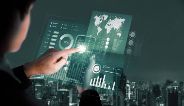 Businessman analyst working with digital finance business data graph showing technology of investment strategy for perceptive financial business decision. Digital economic analysis technology concept.