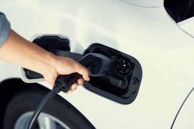Closeup focus hand insert EV charger plug to electric vehicle from charging station. Progressive alternative clean energy engine car technology. Renewable EV car for eco-friendly transportation idea.