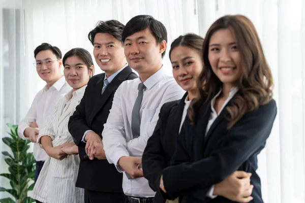 Cohesive Group Businesspeople Standing Row Holding Hand Line Together Meeting — Foto de Stock