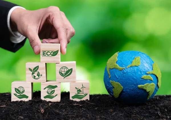Affärsman Hand Hålla Trä Kub Med Miljösymbol Och Pappersglob Bördig — Stockfoto