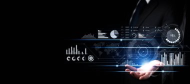 Businessman analyst working with digital finance business data graph showing technology of investment strategy for perceptive financial business decision. Digital economic analysis technology concept.