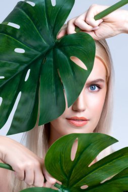 Closeup facial portrait personable woman with perfect smooth makeup holding green monstera leaves and cover her face as natural healthy skincare treatment. Tropical nature and beauty concept