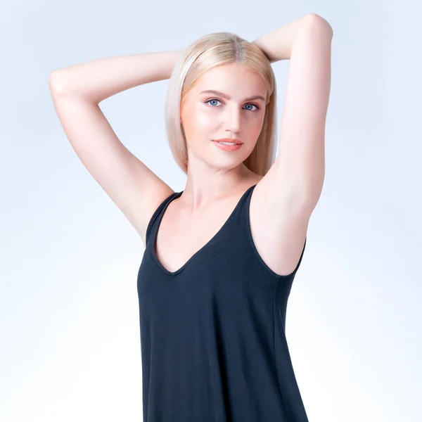 Personable Woman Lifting Her Armpit Showing Hairless Hygiene Underarm Beauty — Foto de Stock