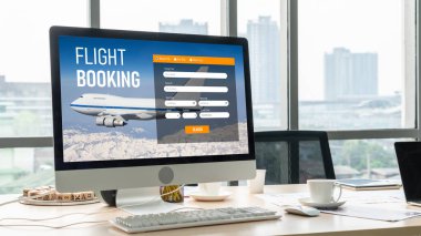 Online uçuş rezervasyon sitesi mod rezervasyon sistemi sağlar. Seyahat teknolojisi kavramı .
