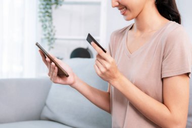 Contented young woman eagerly makes an online purchase using her smartphone. E-commerce business, online purchasing.