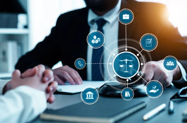 stock image Smart law, legal advice icons and lawyer working tools in the lawyers office showing concept of digital law and online technology of astute law and regulations .