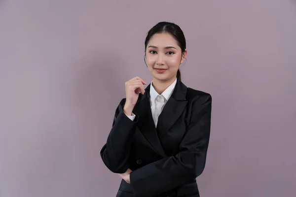 Confident Young Businesswoman Stands Isolated Background Posing Formal Black Suit — Stock Photo, Image