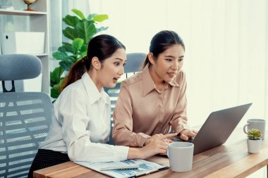 Modern ofis çalışma alanında iş birliği yapan iki genç ofis çalışanı, modern ofis çalışanı olarak profesyonelliklerini sergileyerek, dizüstü bilgisayarda tartışıyorlar ve birlikte çalışıyorlar. Coşkulu.