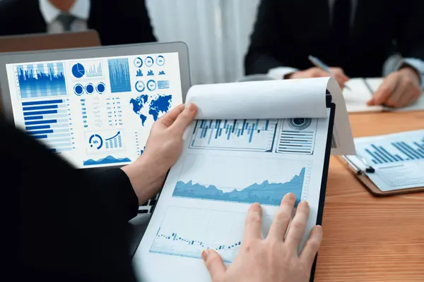 Closeup Dashboard Meeting Desk Businesspeople Analyzing Planning Business Strategy Hands — Φωτογραφία Αρχείου