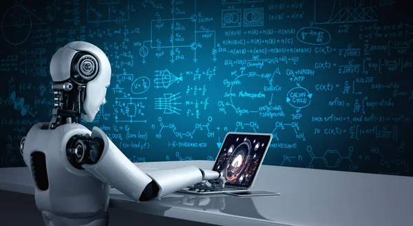 Robô Usando Aplicativo Software Modish Computador Conceito Inteligência Artificial — Fotografia de Stock
