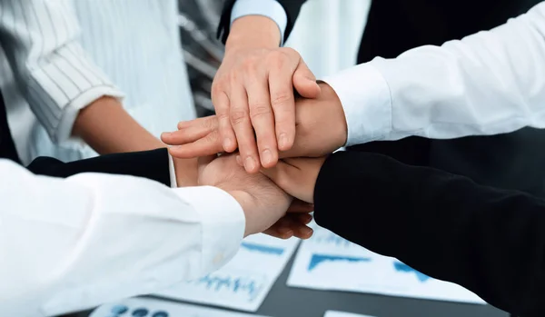 Top View Closeup Business Team Suit Clad Businesspeople Join Hand — ストック写真