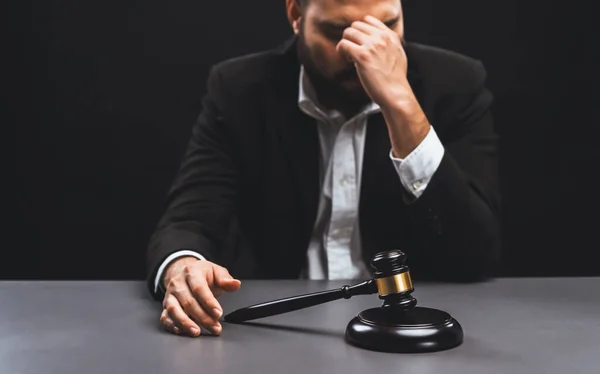 Focus Gavel Blur Lawyer Sitting His Desk Worried Exhausted Expression — Stock Photo, Image