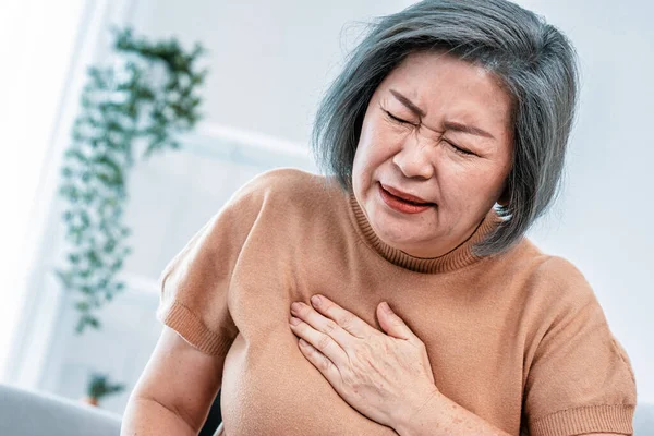 Agonizing Elderly Woman Experiencing Chest Pain Medical Attention Senior Care — Stok fotoğraf