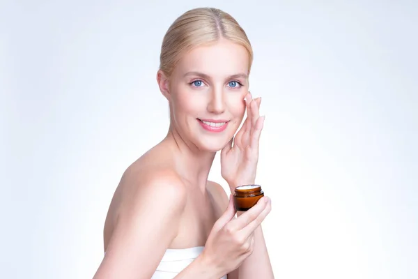 Personable Beautiful Perfect Clean Skin Soft Makeup Woman Finger Applying — Stock Fotó