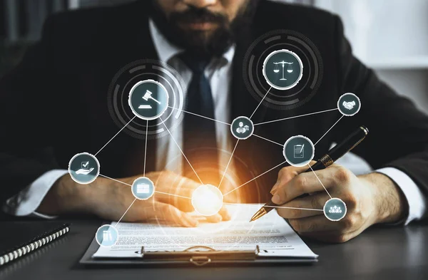 Stock image Smart law, legal advice icons and lawyer working tools in the lawyers office showing concept of digital law and online technology of astute law and regulations .