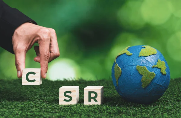 商人手握纸球手势 Csr符号立方体 没有二氧化碳排放政策的环保和符合道德的商业公司 负责绿色社区的企业社会责任 改变了 — 图库照片