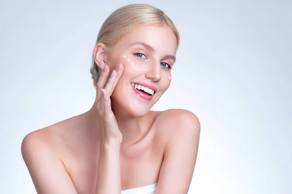 Personable Beautiful Perfect Clean Skin Soft Makeup Woman Finger Applying — Foto de Stock