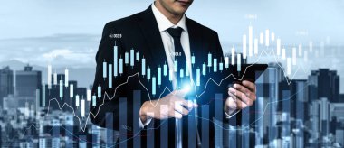 Businessman analyst working with digital finance business data graph showing technology of investment strategy for perceptive financial business decision. Digital economic analysis technology concept.