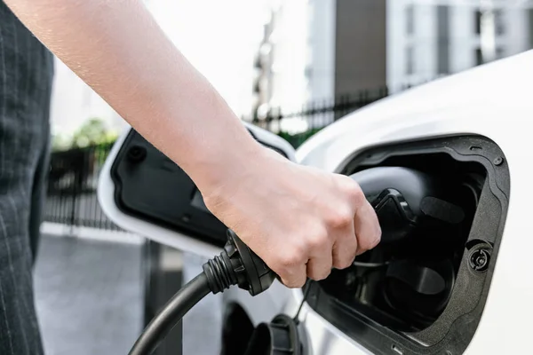 Focus Charger Plug Electric Car Public Charging Station Blur Progressive — Foto de Stock