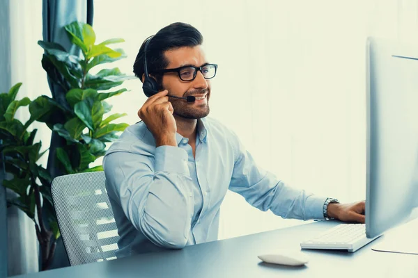 Male Call Center Operator Telesales Representative Siting His Office Desk — Stock Photo, Image
