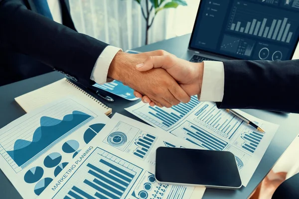 Closeup Professional Businessman Shaking Hands Desk Modern Office Successfully Analyzing — Stock Photo, Image
