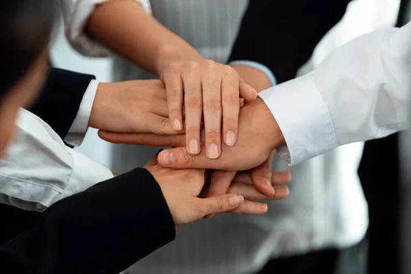 Top View Closeup Business Team Suit Clad Businesspeople Join Hand — Stok fotoğraf