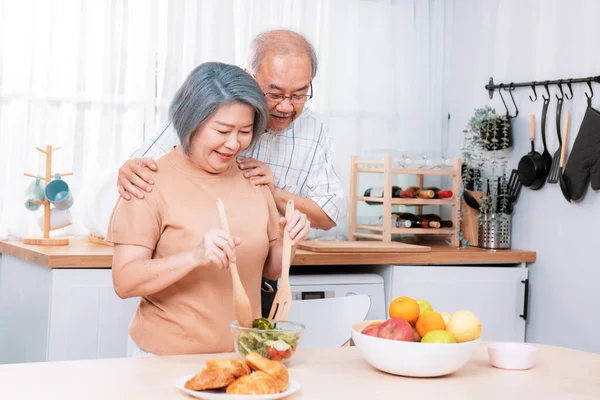 Contented Senior Couples Who Happy Cook Together Bread Veggies Fruit — Fotografia de Stock