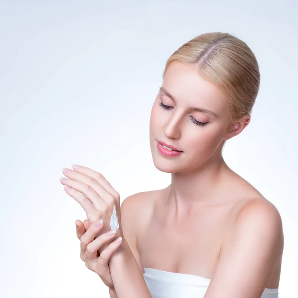 Personable Woman Applying Moisturizer Cream Her Hand Perfect Skincare Treatment — Stock Fotó