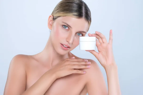 Alluring Beautiful Perfect Cosmetic Skin Woman Portrait Hold Mockup Jar — Fotografia de Stock