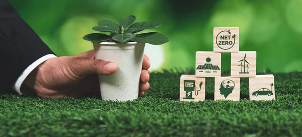 stock image Businessman holding plant pot with Net zero cube symbol. Forest regeneration and reducing CO2 emission for natural awareness. Ethical green business with eco-friendly policy grow forest concept. Alter