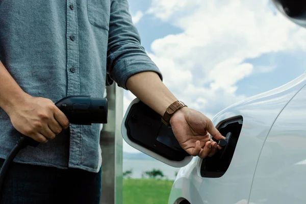 Progressive Natural Scenic Hand Insert Charging Plug Electric Vehicle Charging — Stock Fotó