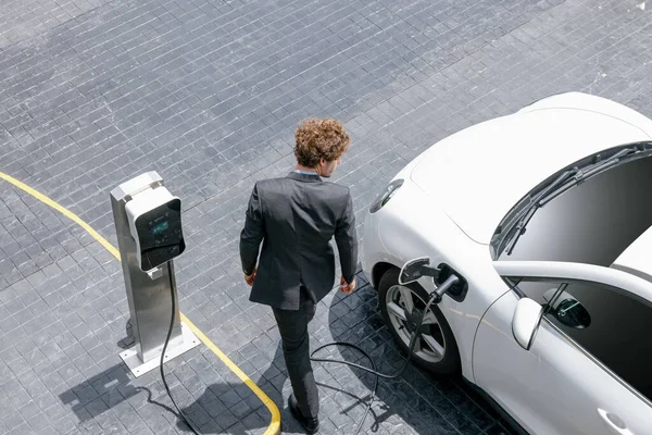 Aerial View Progressive Businessman Black Formal Suit His Electric Vehicle — 스톡 사진