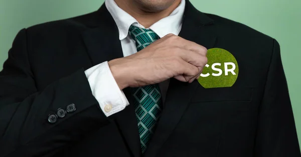 Corporate Promoting Sustainable Green Business Concept Businessman Holding Csr Symbol — Stock Photo, Image