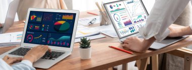 Panorama analist ekibi, FBI Fintech 'i kullanarak dizüstü bilgisayarla mali raporu analiz ediyor. İş adamları iş görüşü için dizüstü bilgisayarda gösterilen kontrol panelini inceliyor. İnceleyin