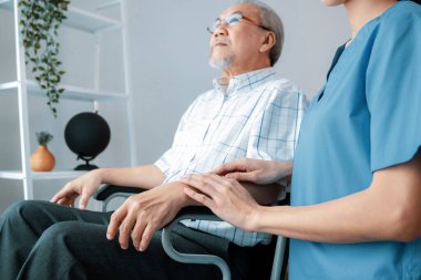 Caring nurse and a contented senior man in a wheel chair at home, nursing house. Medical for elderly patient, home care for pensioners.