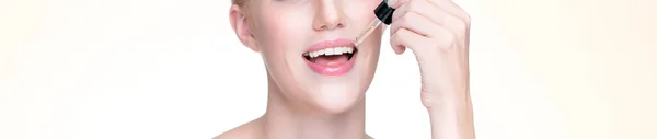 Closeup Personable Portrait Beautiful Woman Applying Essential Oil Bottle Skincare — Stockfoto