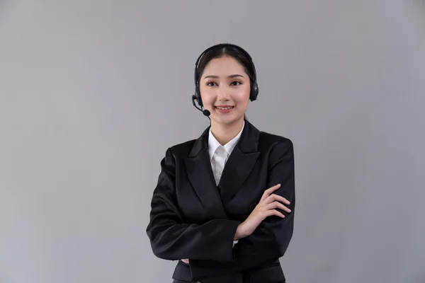Atractivo Asiático Operador Centro Llamadas Femenino Con Cara Sonrisa Feliz —  Fotos de Stock