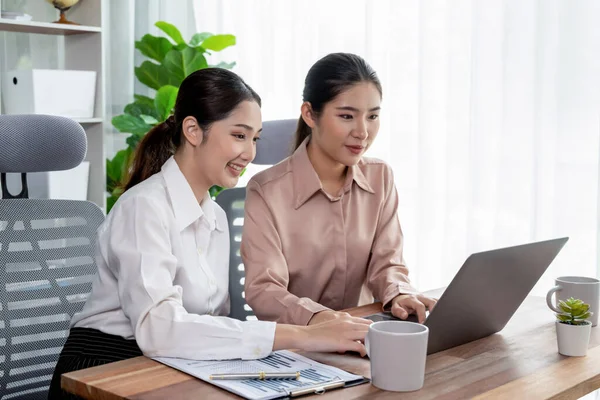 Two young office lady colleagues collaborating in modern office workspace, engaging in discussion and working together on laptop, showcasing their professionalism as modern office worker. Enthusiastic