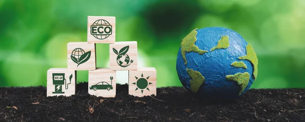 Holzwürfel Mit Öko Symbol Und Papierkugel Auf Fruchtbarem Boden Der — Stockfoto