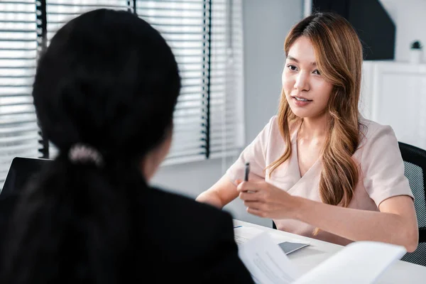 Young Female Asian Candidate Tries Impress Her Interviewer Being Competent — Foto Stock
