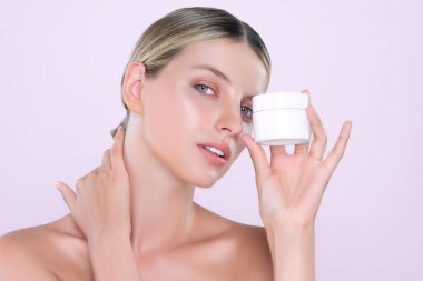 Alluring beautiful perfect cosmetic skin woman portrait hold mockup jar cream or moisturizer for skincare treatment, anti-aging product in isolated background. Natural healthy skin model concept.