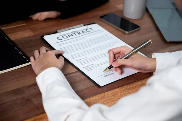 Closeup Hand Signing Contract Document Pen Sealing Business Deal Signature — Stock Photo, Image
