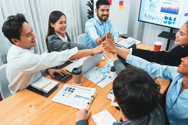 Diverse Business Team Celebrate Successful Meeting High Fives Expressions Happiness — Stock Photo, Image