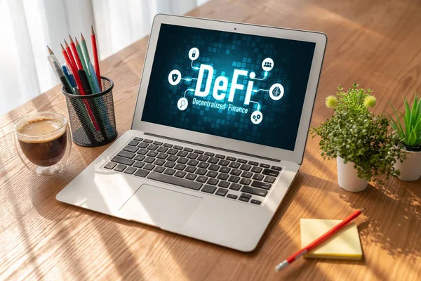 Decentralized Finance Defi Concept Modish Computer Screen Defi System Give — Stock Photo, Image