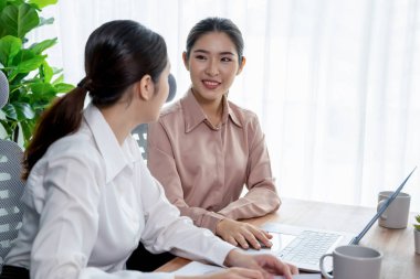 Modern ofis çalışma alanında iş birliği yapan iki genç ofis çalışanı, modern ofis çalışanı olarak profesyonelliklerini sergileyerek, dizüstü bilgisayarda tartışıyorlar ve birlikte çalışıyorlar. Coşkulu.