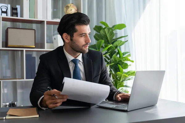 Modern Professional Businessman Modern Office Desk Using Laptop Work Write — Stock Photo, Image