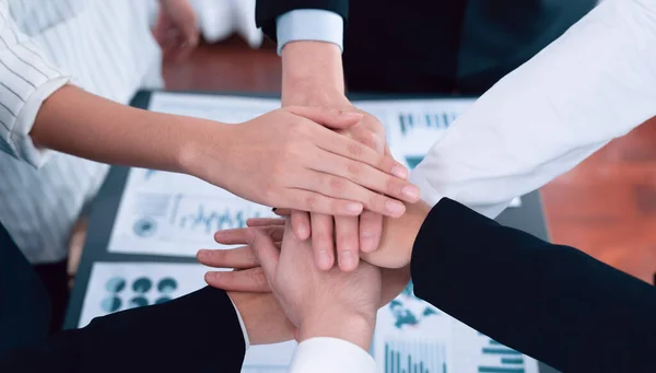 Top View Closeup Business Team Suit Clad Businesspeople Join Hand — Zdjęcie stockowe