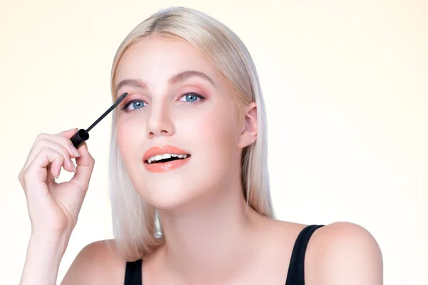Closeup Personable Woman Blond Hair Putting Black Mascara Brush Hand — Stock Photo, Image