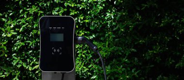 Charging station with greenery foliage background for combination of nature and alternative energy for progressive future renewable energy for electric car. Charger point with connecter device.